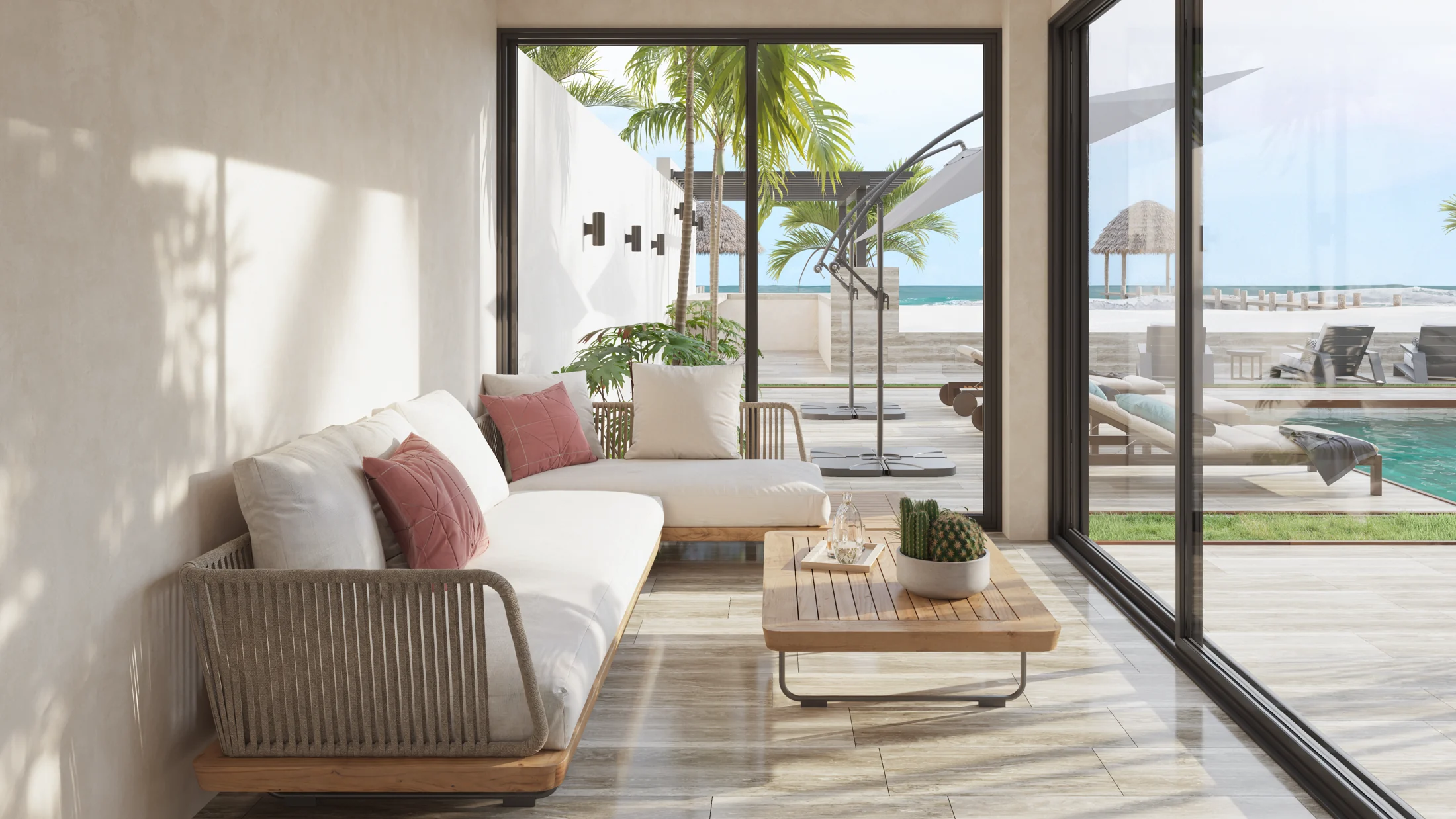 Terraza de una residencia en planta baja, junto al jardín y la alberca