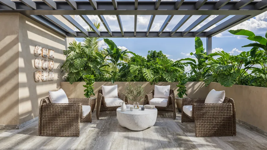 Terraza de lectura bajo pérgola y rodeada de vegetación