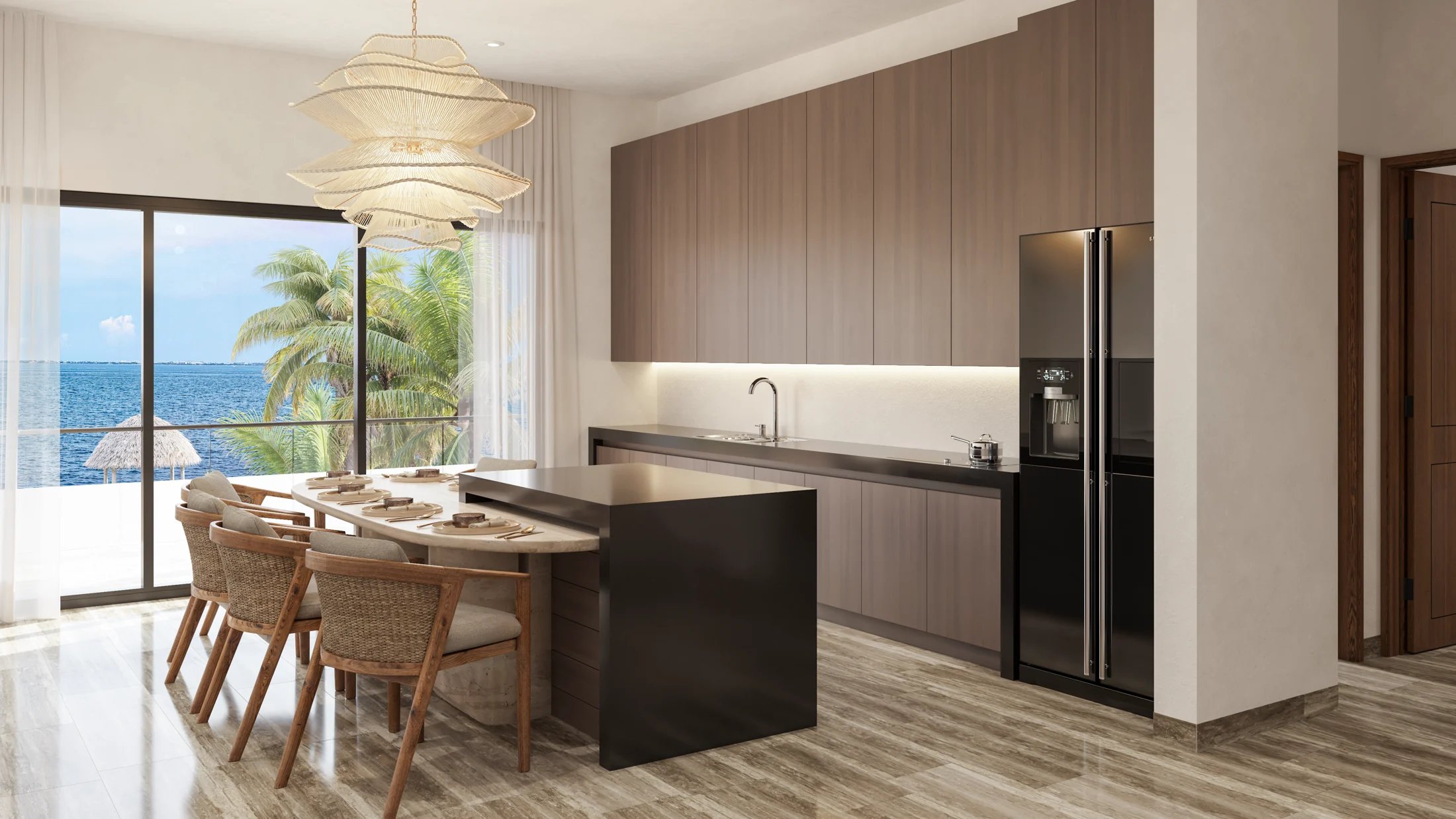 Cocina y comedor de Villa, con ventanal hacia el Caribe